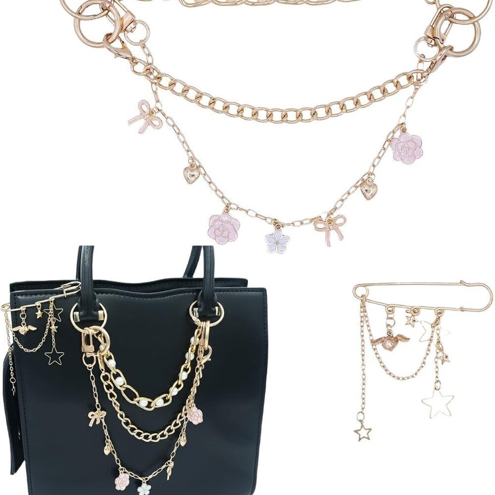 4 in 1 Bag Charm Set Women Pearl Beads Gold Purse Accessories Keychain